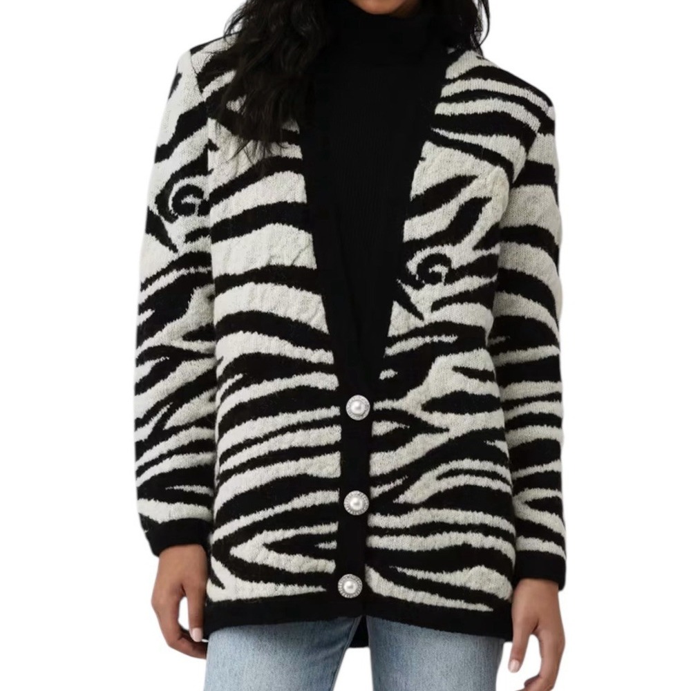 Ronny Kobo Cardigan‎ Women's Small Zebra Open Front Animal Print Missing Buttons